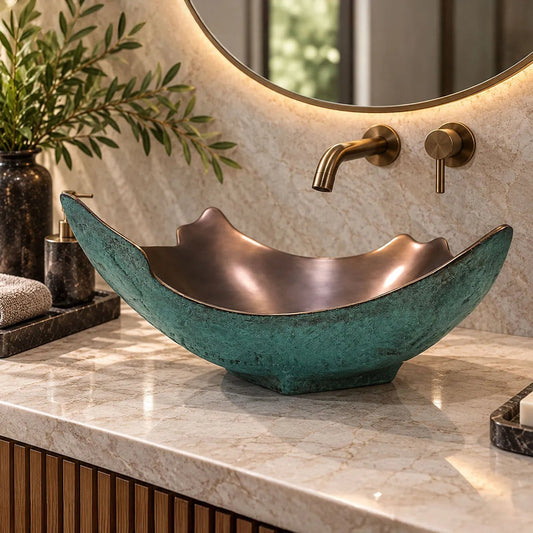 Coppersmith Creations Broken Earthen Vessel Style Cast Bronze Sink Antique Finish Inside & Patina Outside in