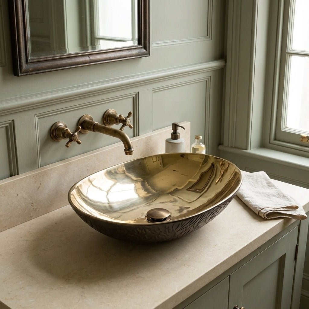 Coppersmith Creations Cast Bronze Sink Shiny Yellow Inside Dark Outside in