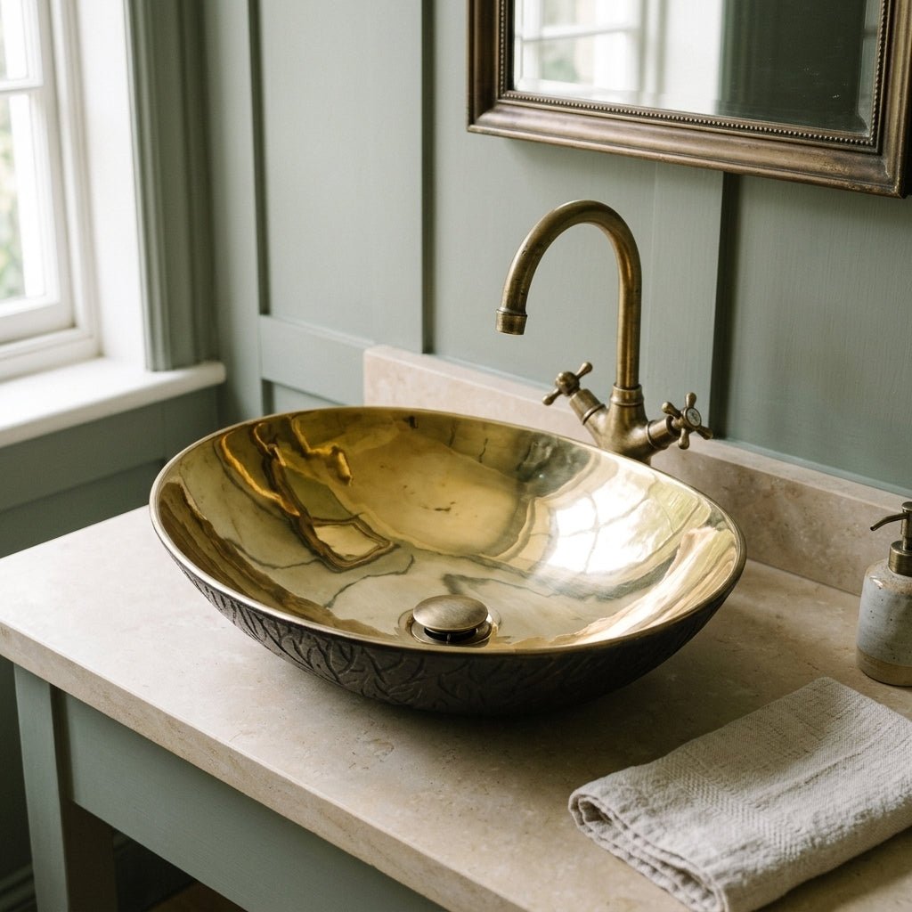 Coppersmith Creations Cast Bronze Sink Shiny Yellow Inside Dark Outside in