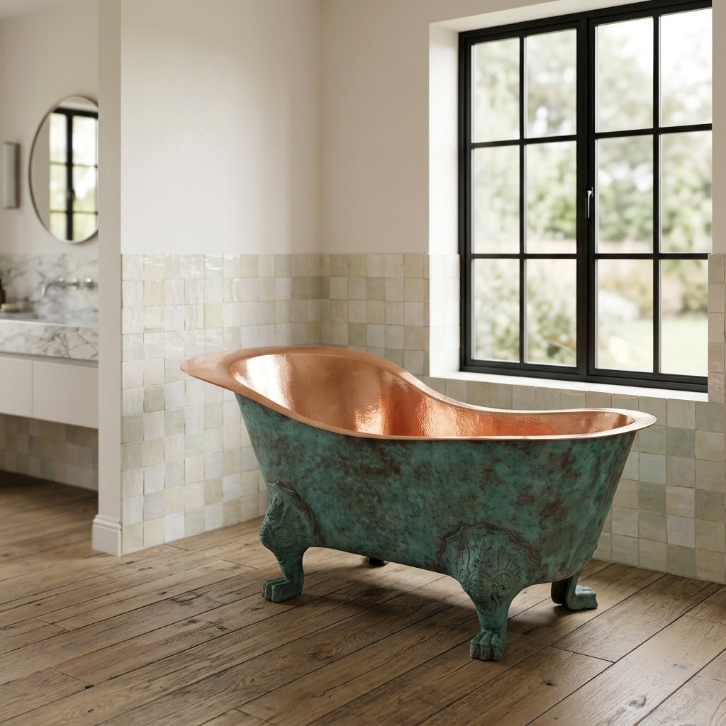 Coppersmith Creations Chinese Style Clawfoot Copper Bathtub Antique Copper Interior Patina Exterior in Turquoise Patina