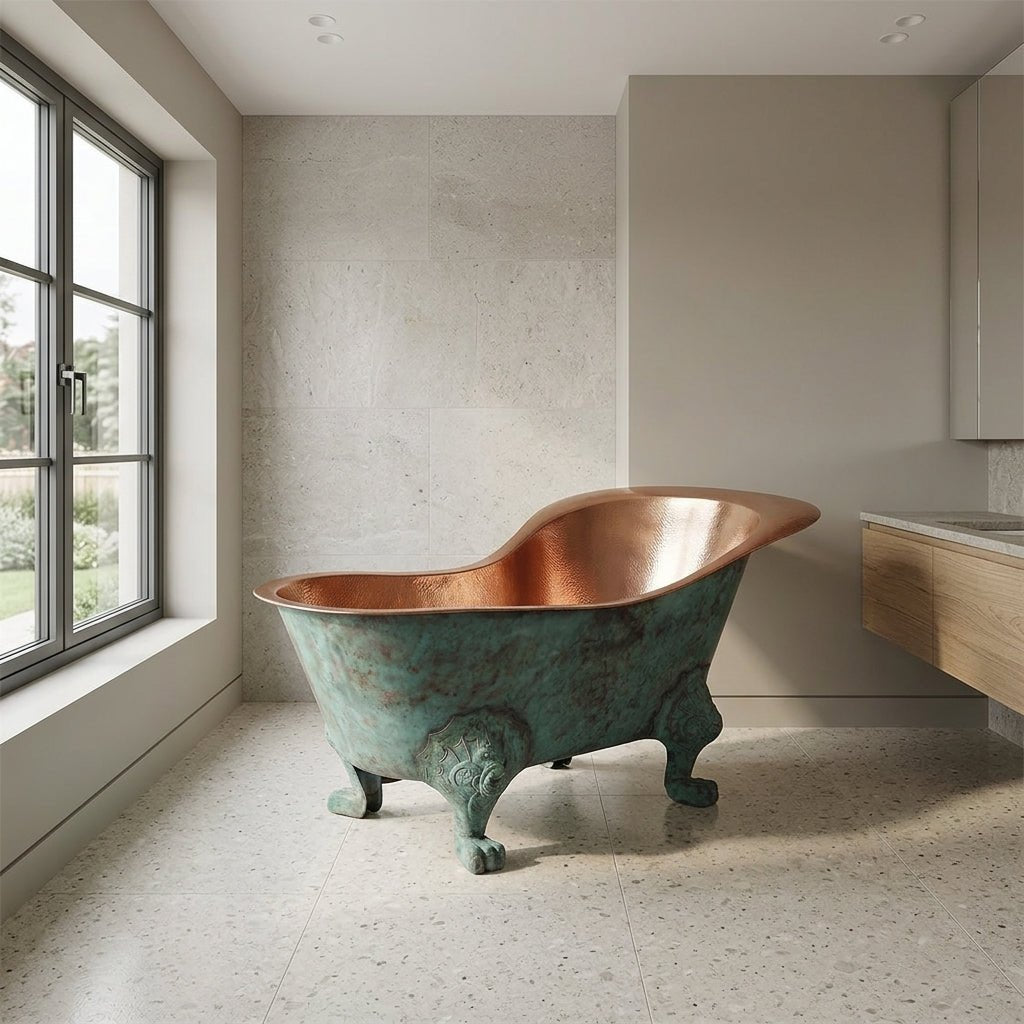Coppersmith Creations Chinese Style Clawfoot Copper Bathtub Antique Copper Interior Patina Exterior in Turquoise Patina