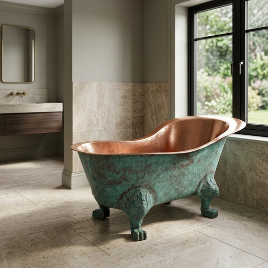 Coppersmith Creations Chinese Style Clawfoot Copper Bathtub Antique Copper Interior Patina Exterior in Turquoise Patina