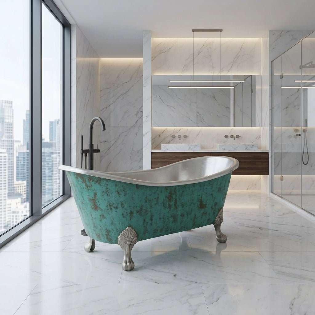 Coppersmith Creations Clawfoot Copper Bathtub Verdigris Patina Exterior & Tin Interior Double Slipper in Verdigris Patina