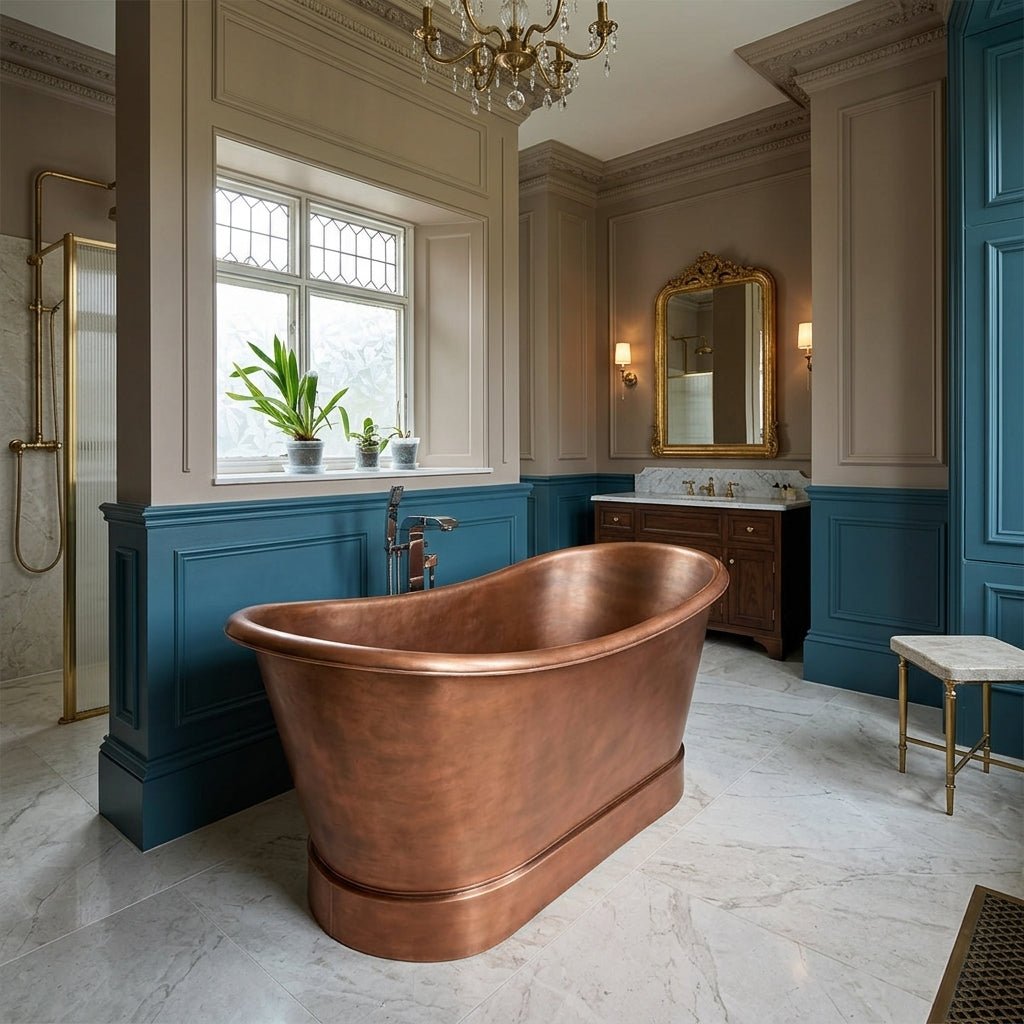 Coppersmith Creations Copper Freestanding Bath Tub Antique Finish Double Slipper in Dark Antique Copper