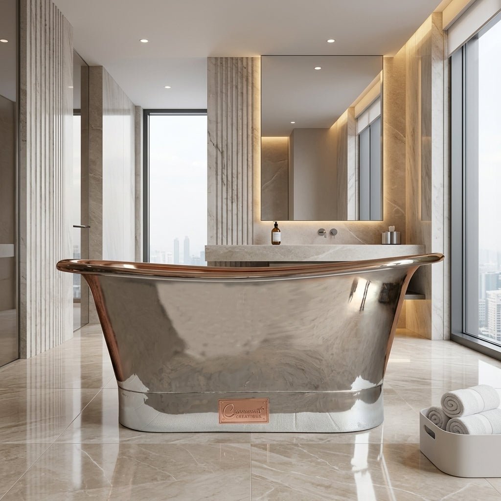 Coppersmith Creations Copper Freestanding Bath Tub Full Nickel Finish Straight Base in Nickel