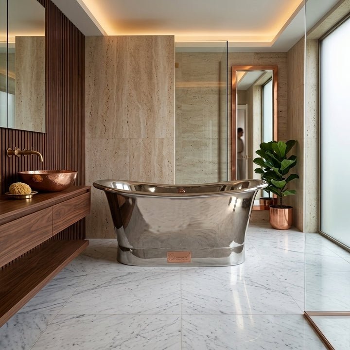 Coppersmith Creations Copper Freestanding Bath Tub Full Nickel Finish Straight Base in Nickel