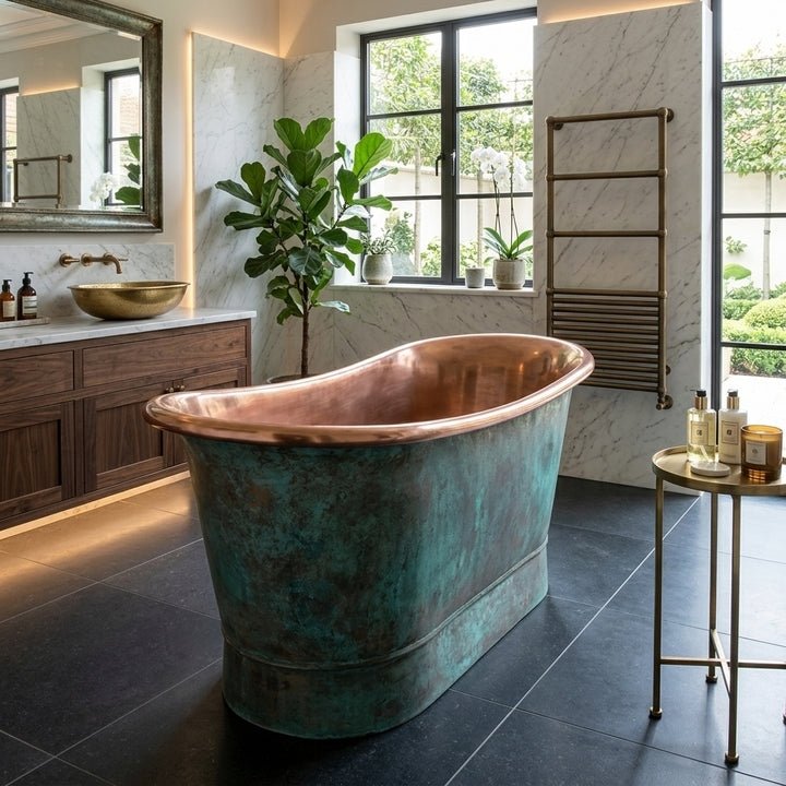 Coppersmith Creations Copper Freestanding Bathtub Antique Turquoise Patina Straight Base Beaded Base in Turquoise Patina