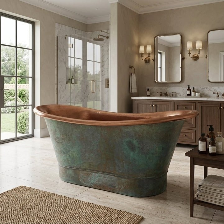 Coppersmith Creations Copper Freestanding Bathtub Antique Turquoise Patina Straight Base Beaded Base in Turquoise Patina