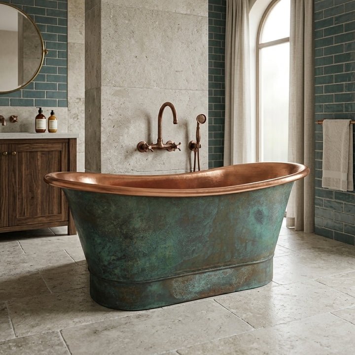 Coppersmith Creations Copper Freestanding Bathtub Antique Turquoise Patina Straight Base Beaded Base in Turquoise Patina