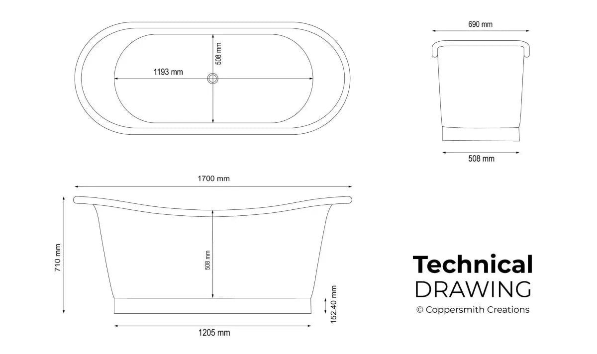 Coppersmith Creations Copper Freestanding Bathtub Straight Base Choice of Colour in Lacquered