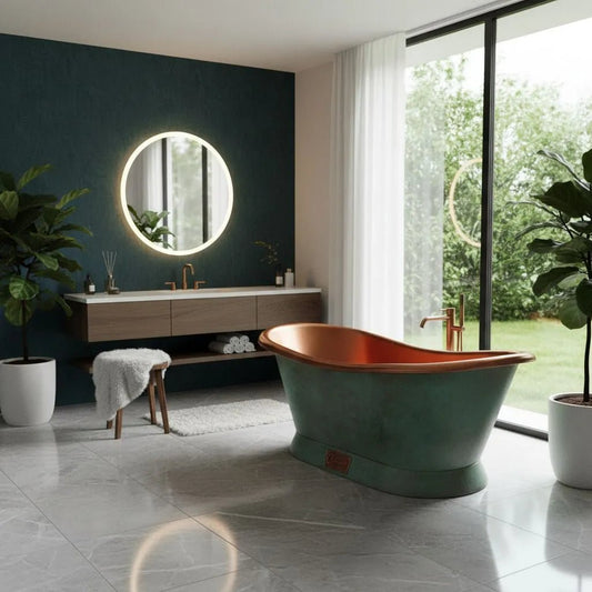 Coppersmith Creations Copper Freestanding Bathtub Turquoise Patina Slanting Base Copper Interior in Turquoise Patina