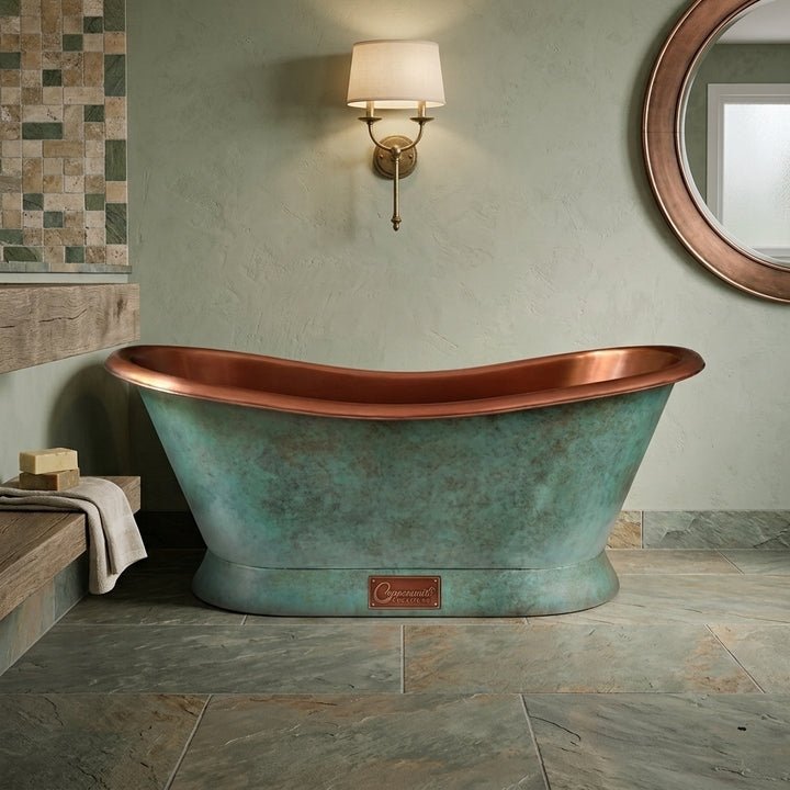 Coppersmith Creations Copper Freestanding Bathtub Turquoise Patina Slanting Base Copper Interior in Turquoise Patina