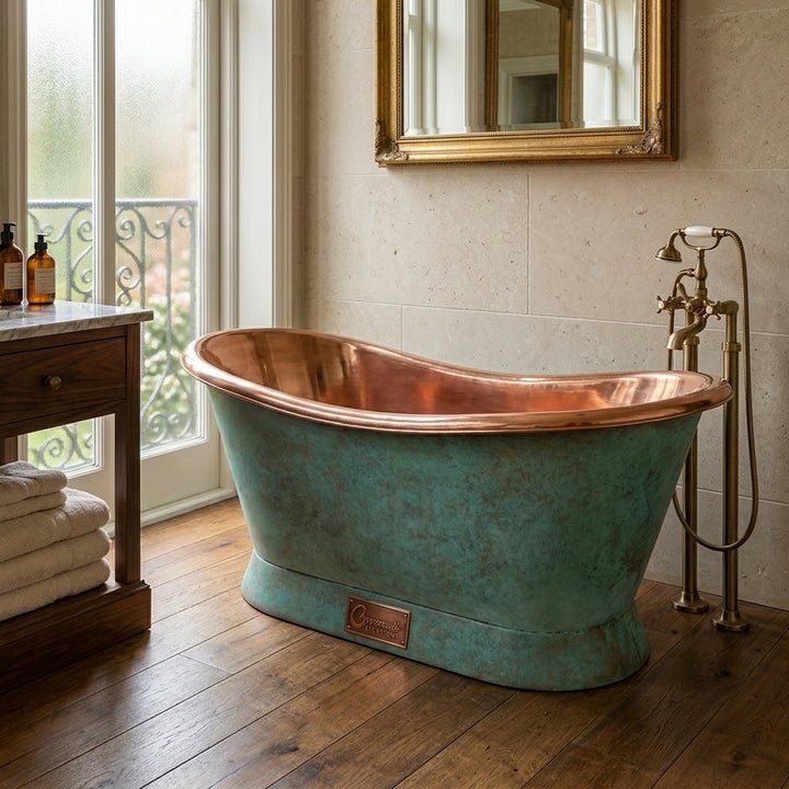 Coppersmith Creations Copper Freestanding Bathtub Turquoise Patina Slanting Base Copper Interior in Turquoise Patina