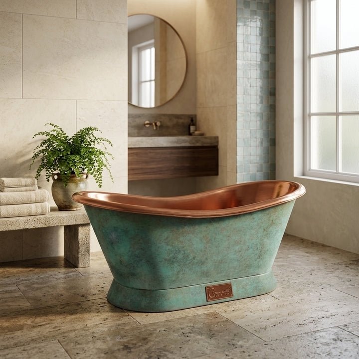 Coppersmith Creations Copper Freestanding Bathtub Turquoise Patina Slanting Base Copper Interior in Turquoise Patina