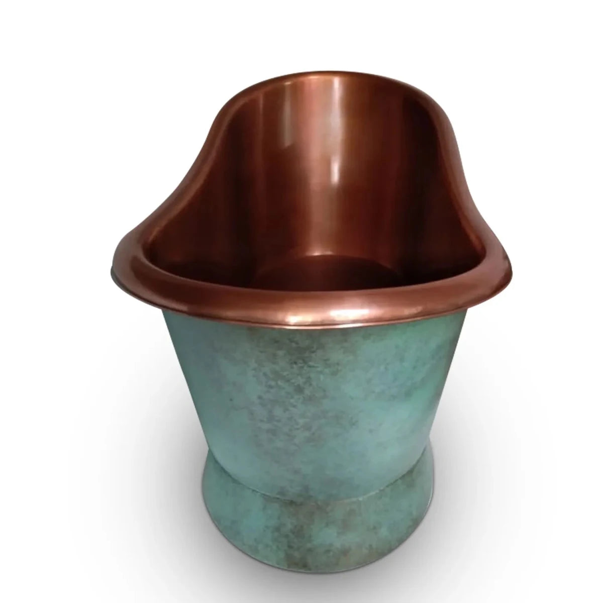 Coppersmith Creations Copper Freestanding Bathtub Turquoise Patina Slanting Base Copper Interior in Turquoise Patina
