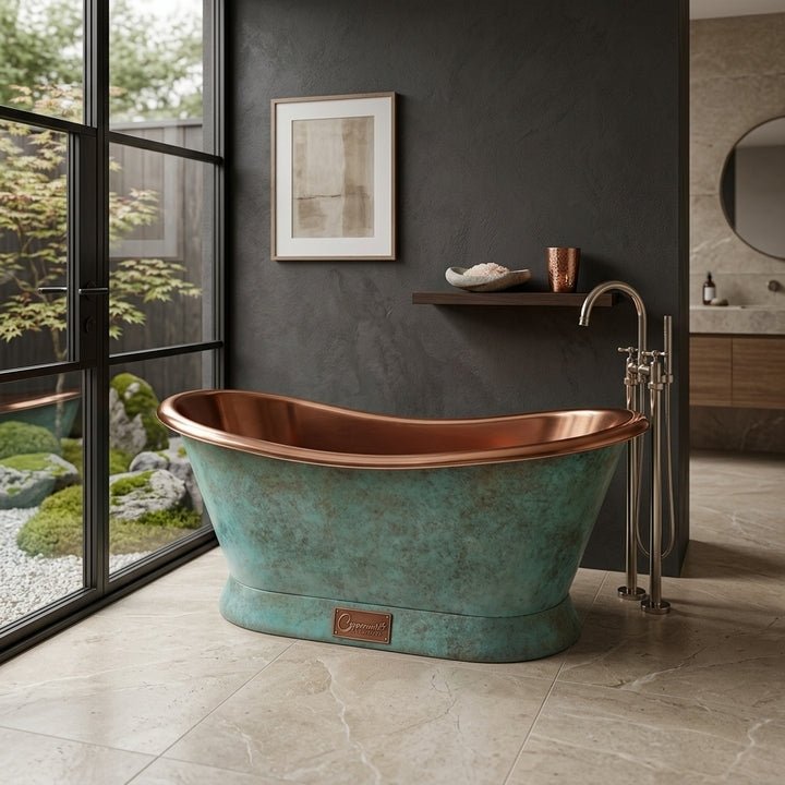 Coppersmith Creations Copper Freestanding Bathtub Turquoise Patina Slanting Base Copper Interior in Turquoise Patina