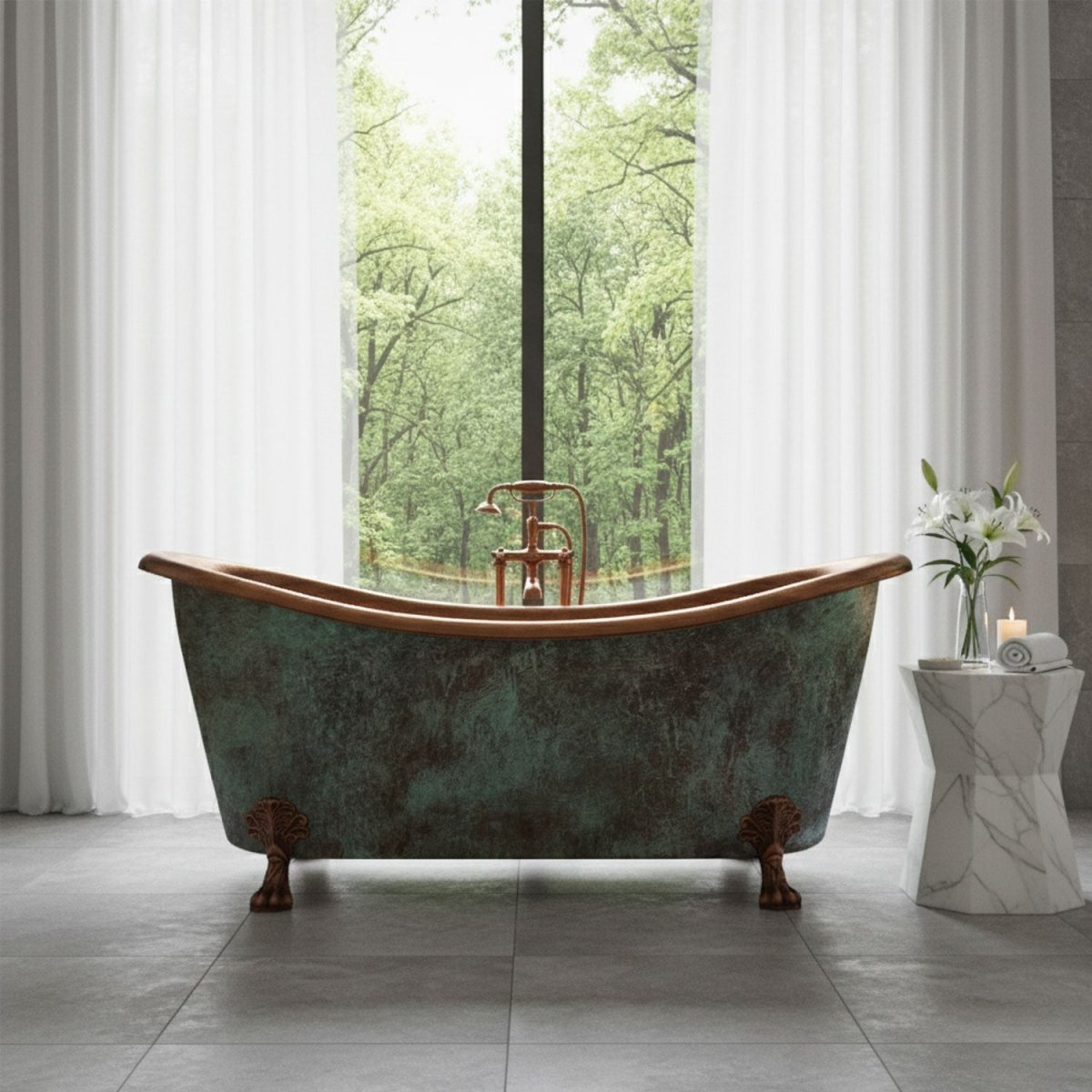 Coppersmith Creations Copper Freestanding Clawfoot Bathtub Turquoise Patina Exterior Antique Copper Interior in Turquoise
