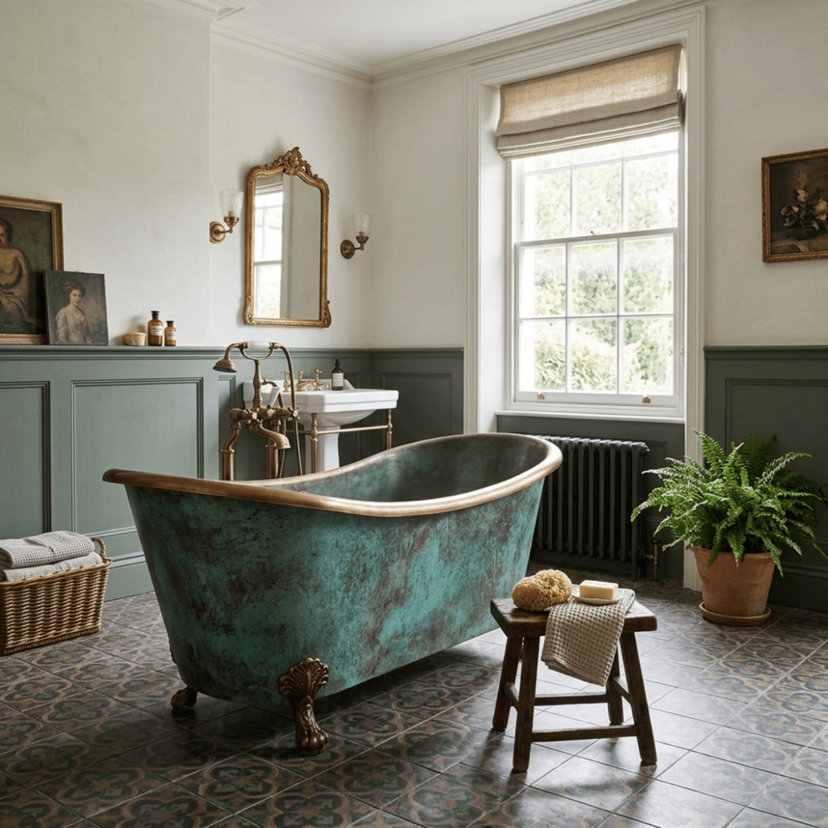 Coppersmith Creations Copper Freestanding Clawfoot Bathtub Turquoise Patina Exterior Antique Copper Interior in Turquoise Patina
