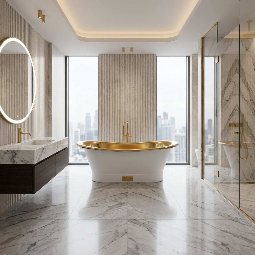 Coppersmith Creations Freestanding Brass Bathtub with Polished Smooth Brass Inside & Matte White Outside in White
