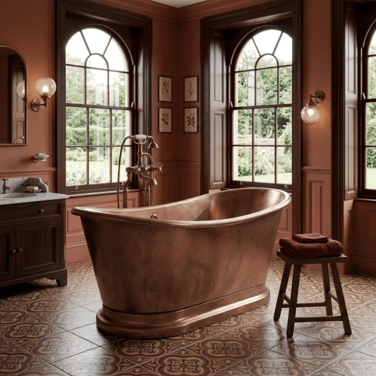 Coppersmith Creations Hammered Copper Single Slipper Tub with Smooth Round Pedestal Base in Hammered Copper