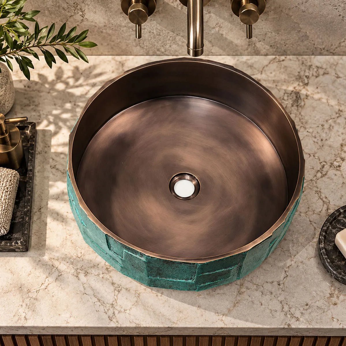 Coppersmith Creations Handcrafted Geometric Relief Cast Bronze Sink with Antique Interior & Patina Exterior in