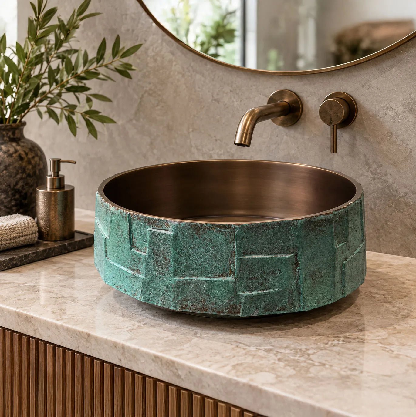 Coppersmith Creations Handcrafted Geometric Relief Cast Bronze Sink with Antique Interior & Patina Exterior in