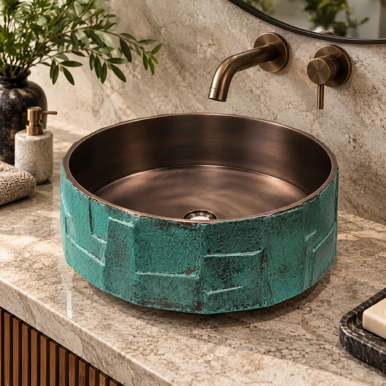 Coppersmith Creations Handcrafted Geometric Relief Cast Bronze Sink with Antique Interior & Patina Exterior in