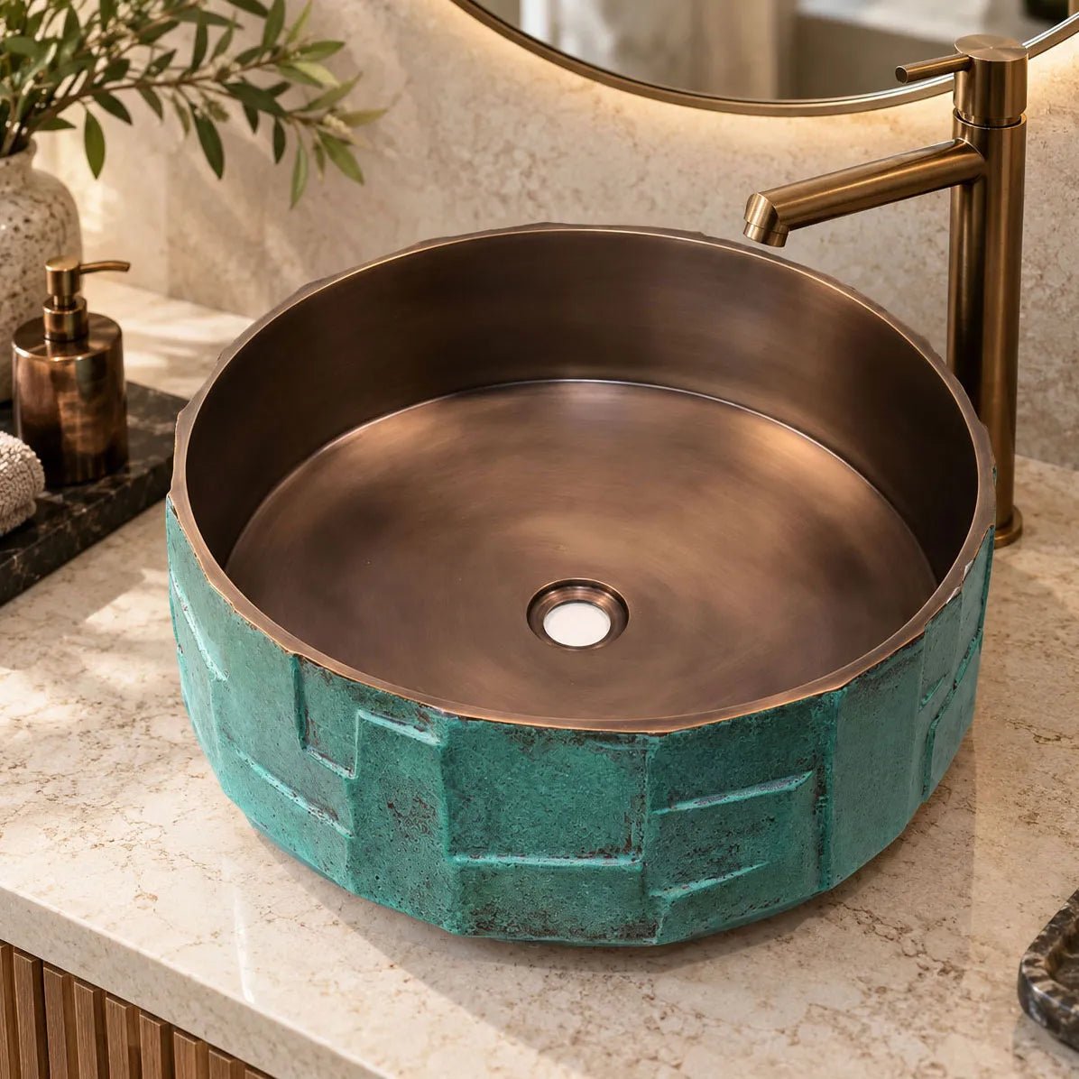 Coppersmith Creations Handcrafted Geometric Relief Cast Bronze Sink with Antique Interior & Patina Exterior in