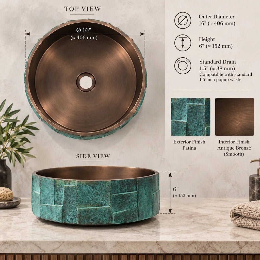 Coppersmith Creations Handcrafted Geometric Relief Cast Bronze Sink with Antique Interior & Patina Exterior in