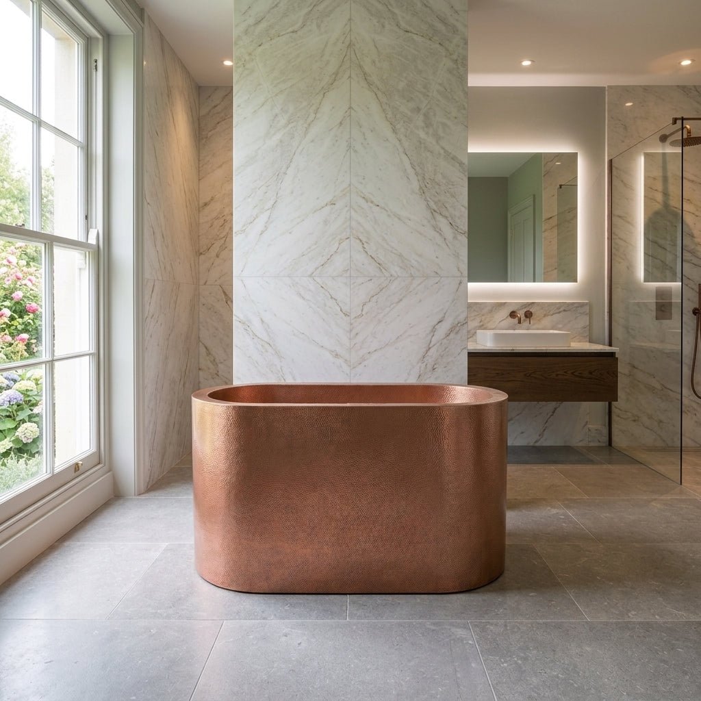 Coppersmith Creations Japanese Soaking Tub Double Wall Hammered Antique Copper Bathtub with Seats in Copper