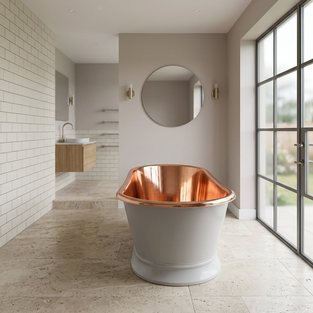 Coppersmith Creations Pedestal Copper Bathtub White Powder Coated Exterior & Polished Copper Interior in White