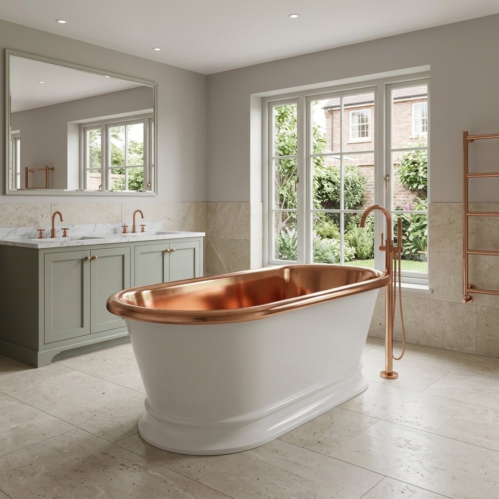 Coppersmith Creations Pedestal Copper Bathtub White Powder Coated Exterior & Polished Copper Interior in White