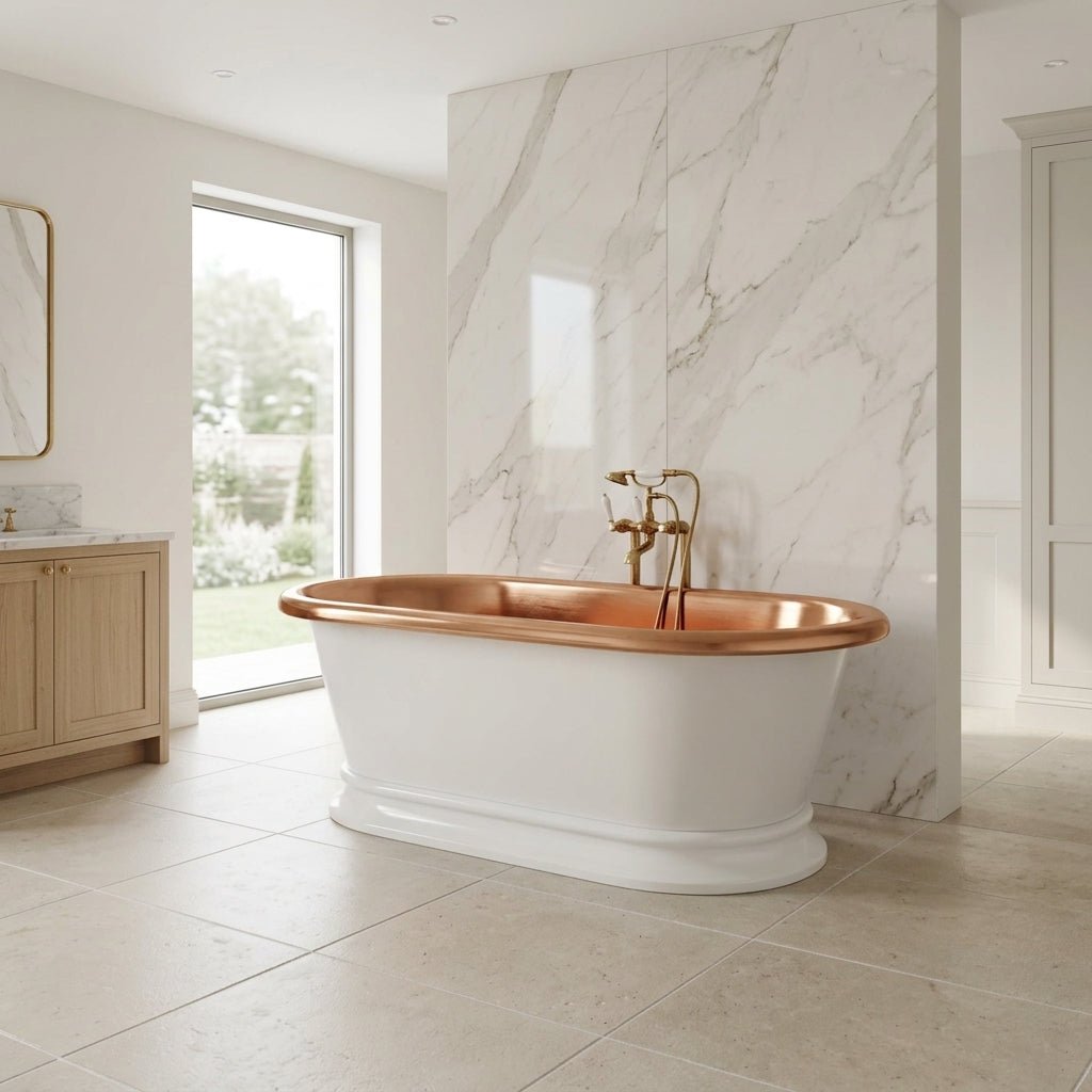 Coppersmith Creations Pedestal Copper Bathtub White Powder Coated Exterior & Polished Copper Interior in White