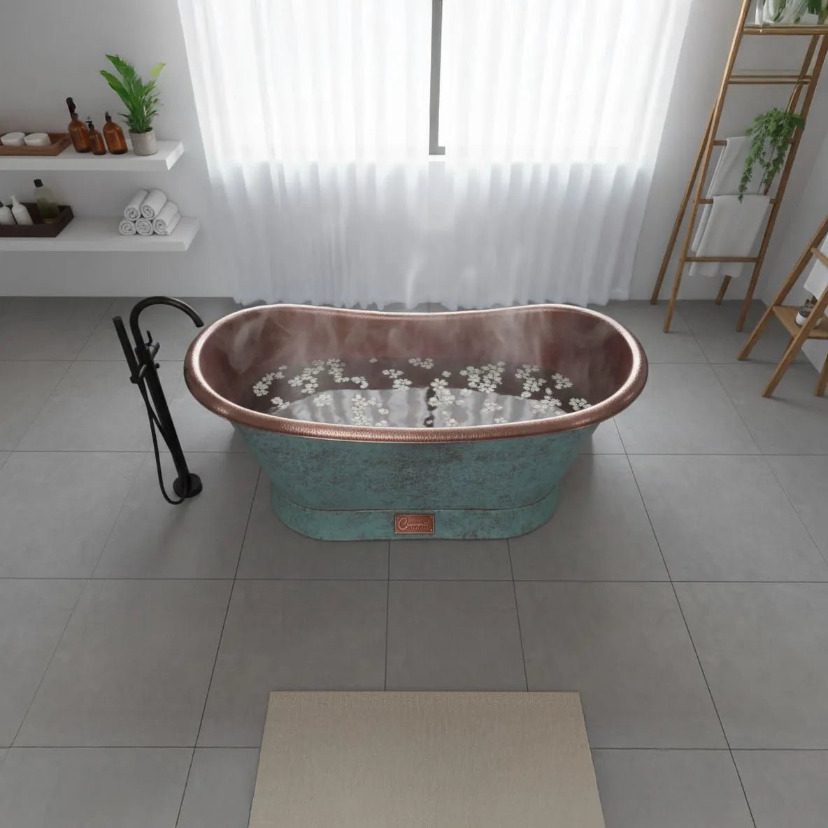 Coppersmith Creations Slanting Base Copper Bathtub Hammered Antique Copper Interior & Patina Exterior Finish in Turquoise Patina