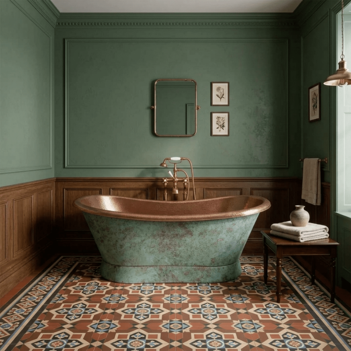 Coppersmith Creations Slanting Base Copper Bathtub Hammered Antique Copper Interior & Patina Exterior Finish in Turquoise Patina