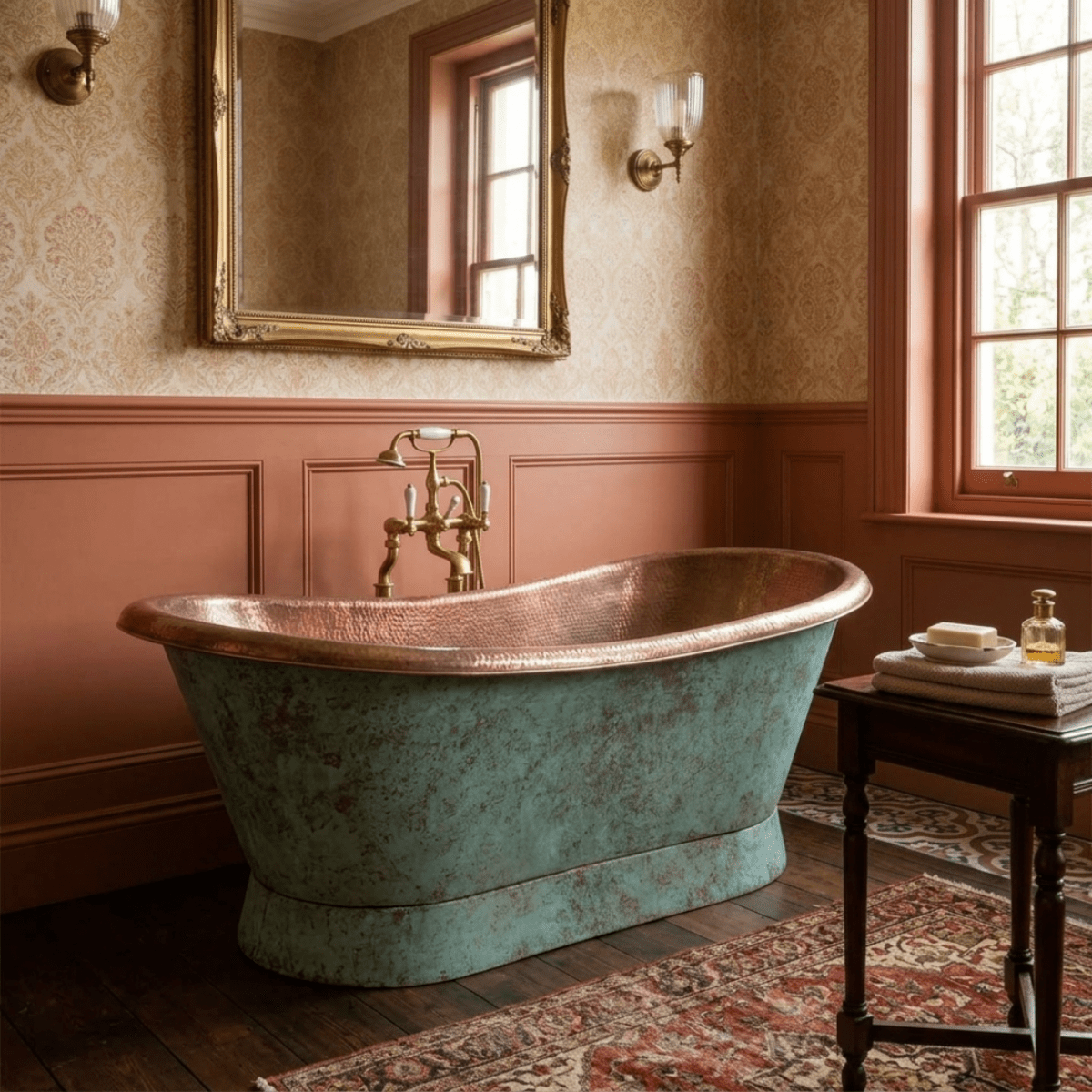 Coppersmith Creations Slanting Base Copper Bathtub Hammered Antique Copper Interior & Patina Exterior Finish in Turquoise Patina