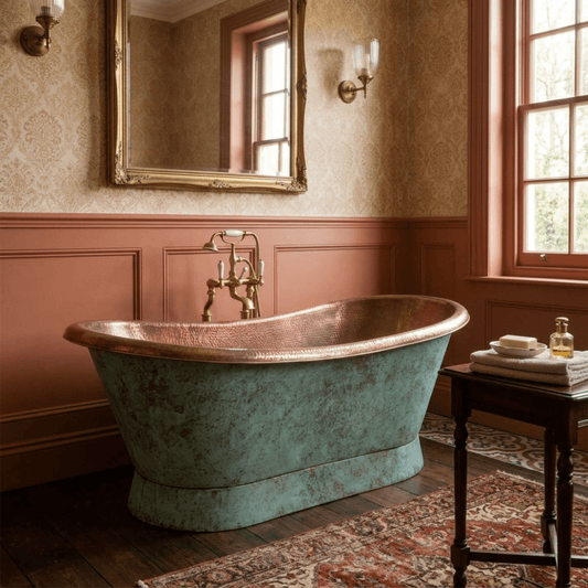 Coppersmith Creations Slanting Base Copper Bathtub Hammered Antique Copper Interior & Patina Exterior Finish in Turquoise Patina