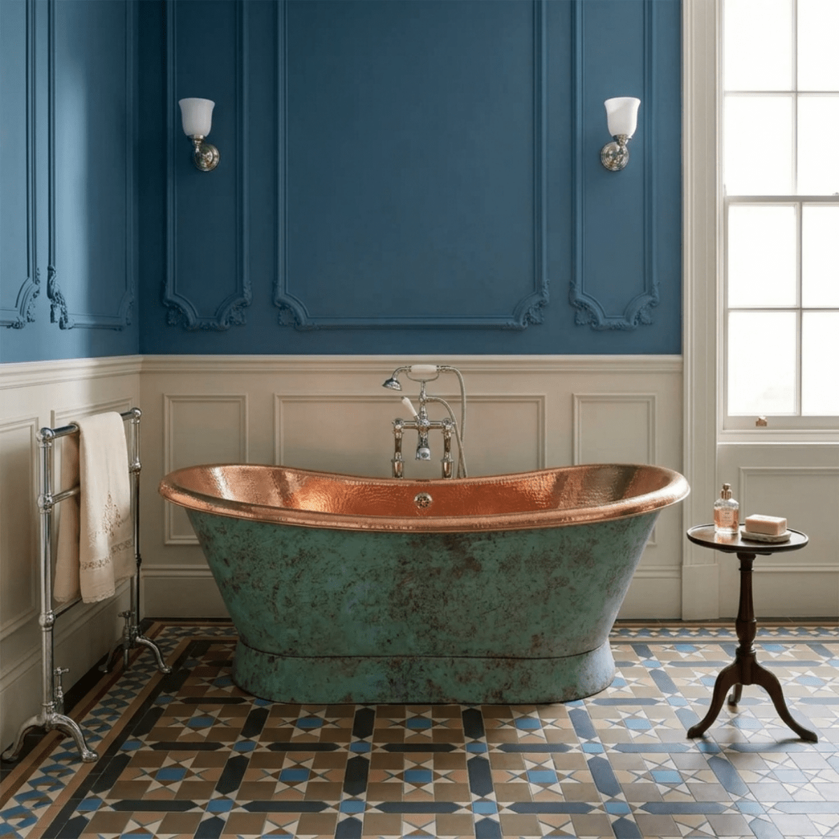 Coppersmith Creations Slanting Base Copper Bathtub Hammered Antique Copper Interior & Patina Exterior Finish in Turquoise Patina