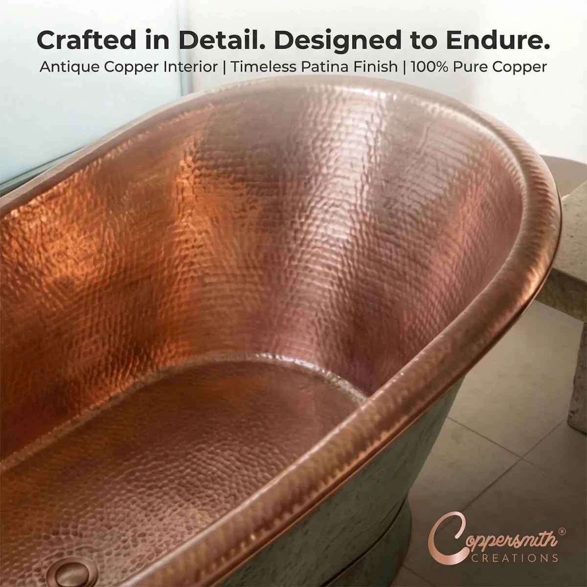 Coppersmith Creations Slanting Base Copper Bathtub Hammered Antique Copper Interior & Patina Exterior Finish in Turquoise Patina