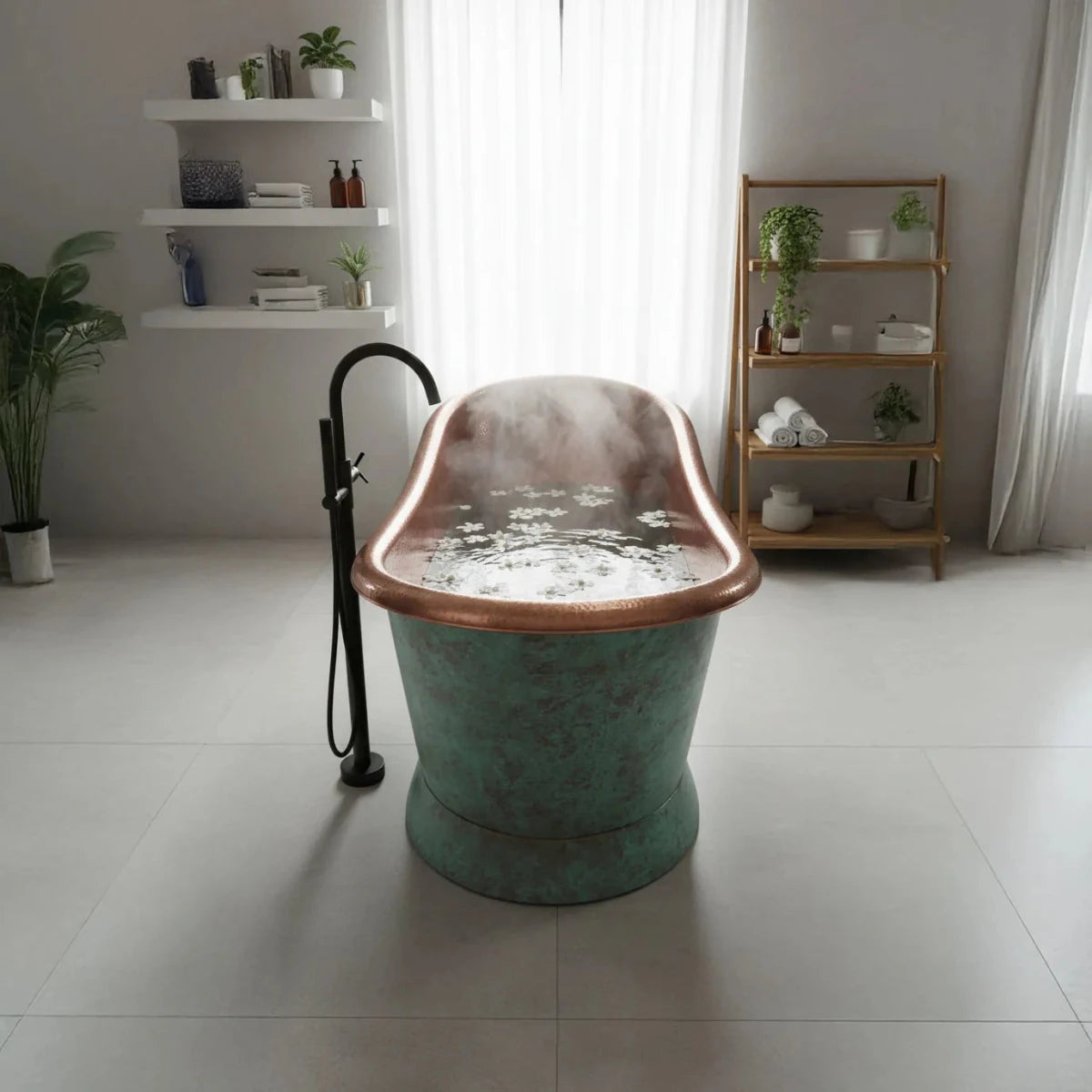 Coppersmith Creations Slanting Base Copper Bathtub Hammered Antique Copper Interior & Patina Exterior Finish in Turquoise Patina
