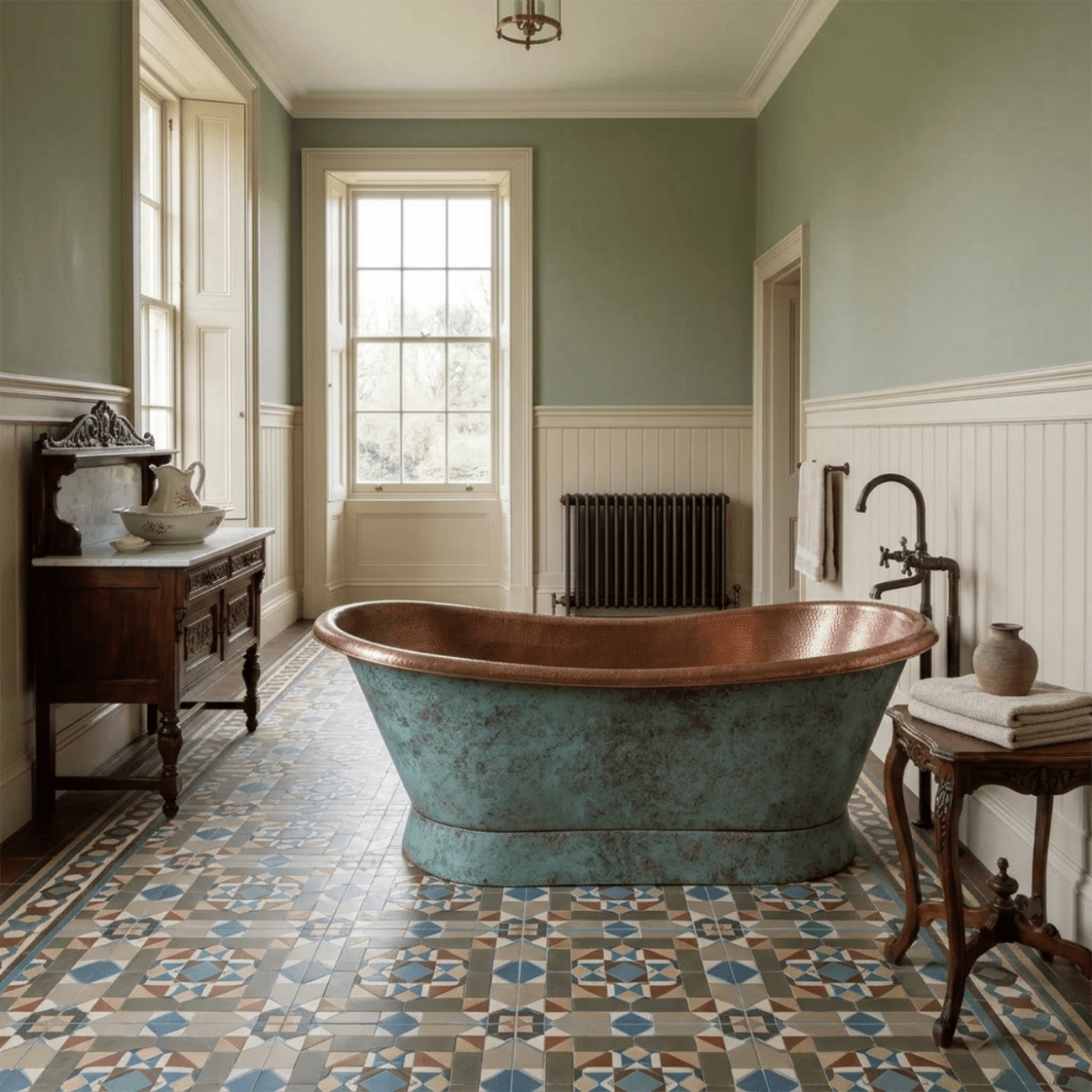 Coppersmith Creations Slanting Base Copper Bathtub Hammered Antique Copper Interior & Patina Exterior Finish in Turquoise Patina