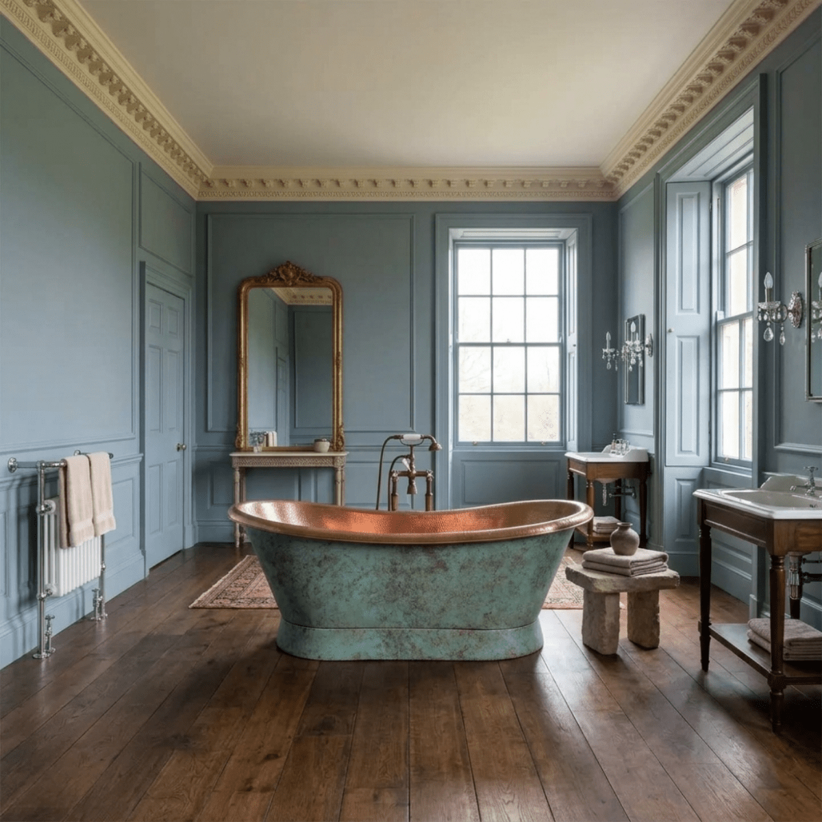 Coppersmith Creations Slanting Base Copper Bathtub Hammered Antique Copper Interior & Patina Exterior Finish in Turquoise Patina