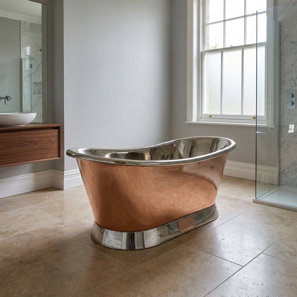 Coppersmith Creations Slanting Base Copper Bathtub Nickel Inside & on Base Copper Outside in Copper