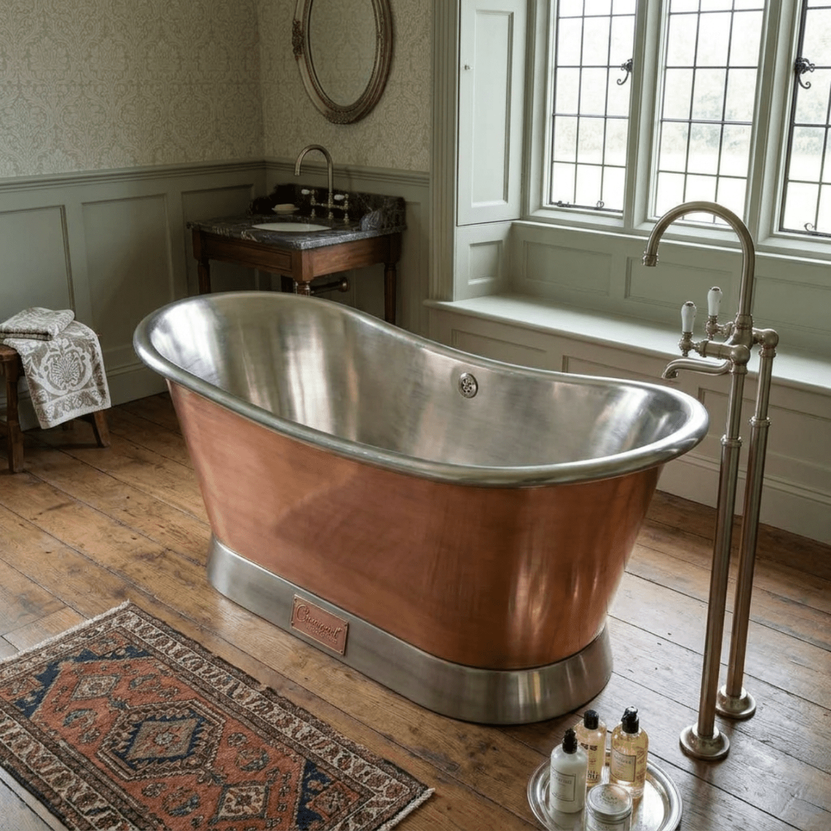 Coppersmith Creations Slanting Base Copper Bathtub Nickel Inside & on Base Copper Outside in Copper