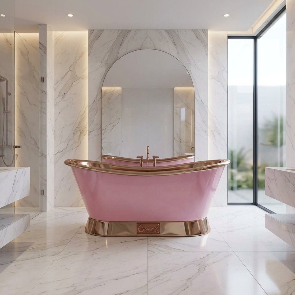 Coppersmith Creations Slanting Base Copper Bathtub Nickel Inside & on Base Pink Exterior in RAL 4003