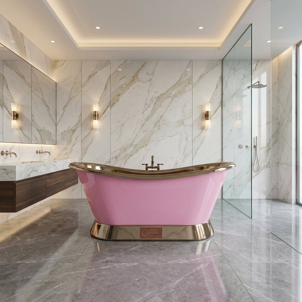 Coppersmith Creations Slanting Base Copper Bathtub Nickel Inside & on Base Pink Exterior in RAL 4003
