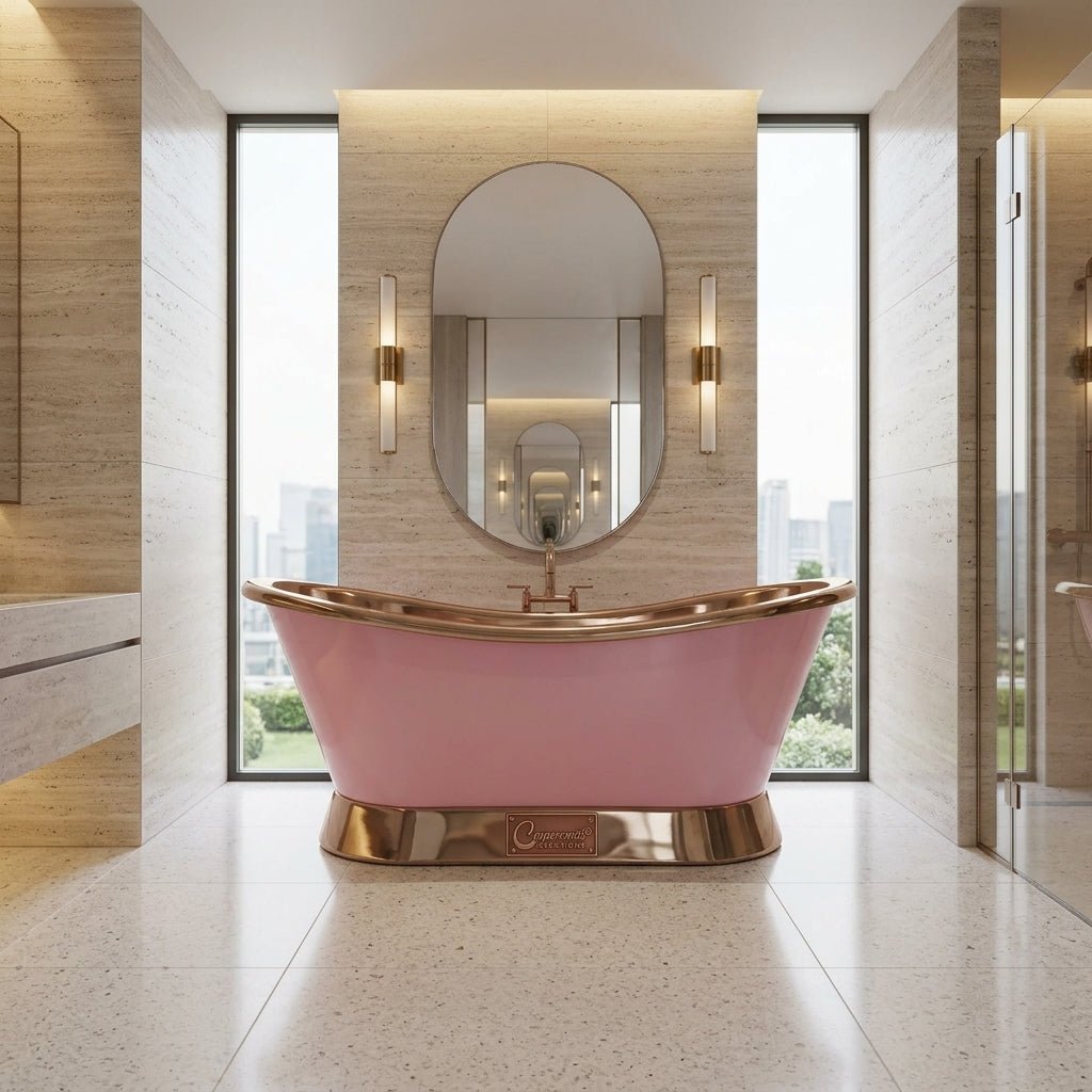Coppersmith Creations Slanting Base Copper Bathtub Nickel Inside & on Base Pink Exterior in RAL 4003