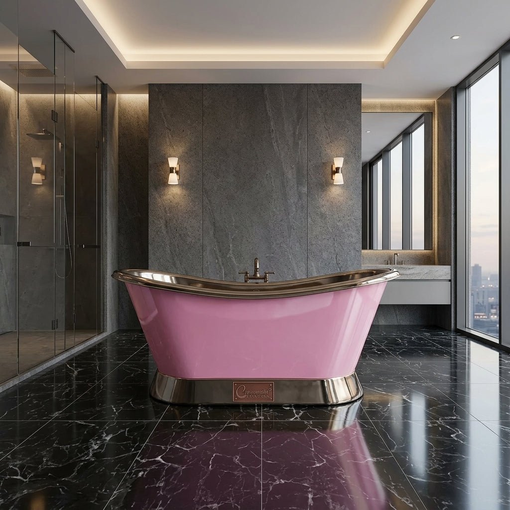 Coppersmith Creations Slanting Base Copper Bathtub Nickel Inside & on Base Pink Exterior in RAL 4003