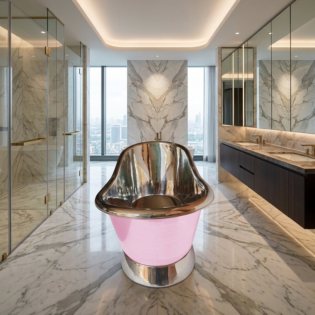 Coppersmith Creations Slanting Base Copper Bathtub Nickel Inside & on Base Pink Exterior in RAL 4003
