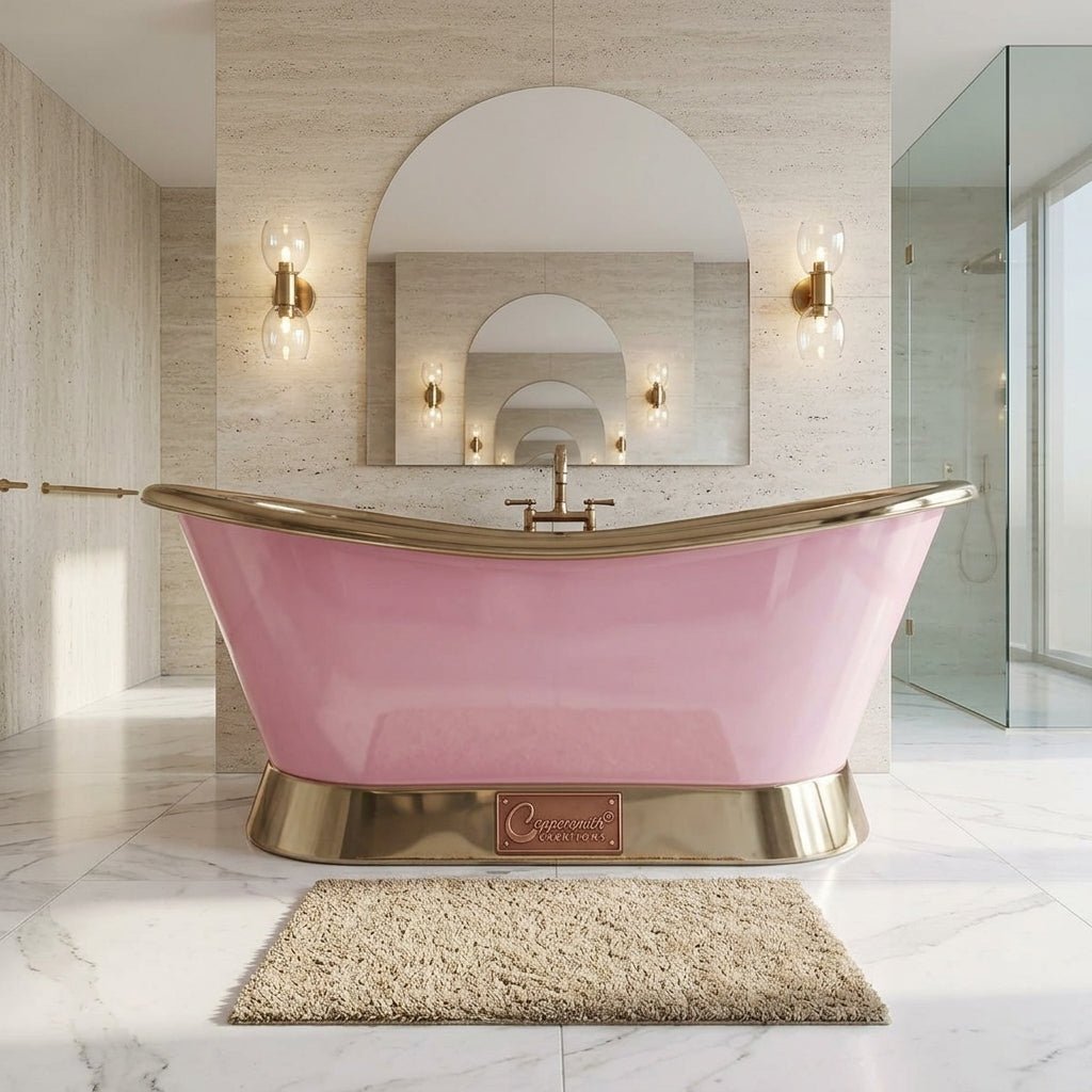 Coppersmith Creations Slanting Base Copper Bathtub Nickel Inside & on Base Pink Exterior in RAL 4003